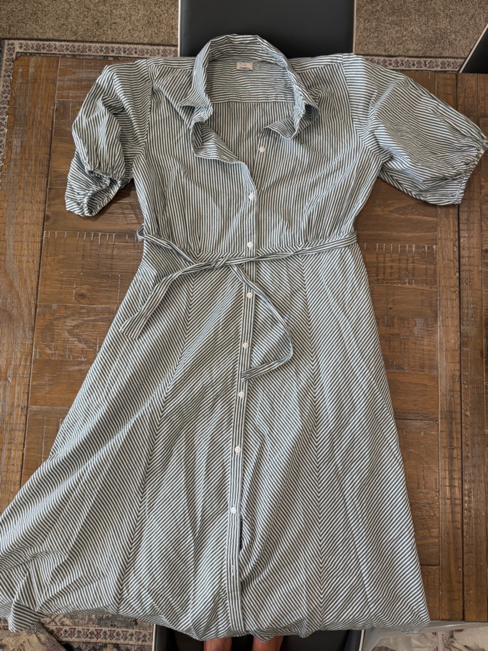 SOLD Striped Shirt Dress w/ Waist Tie-Green White Cottagecore quiet luxury